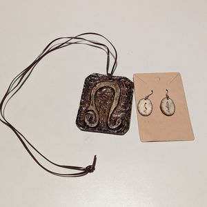 Vintage Carved Wood Necklace and Antler Earrings